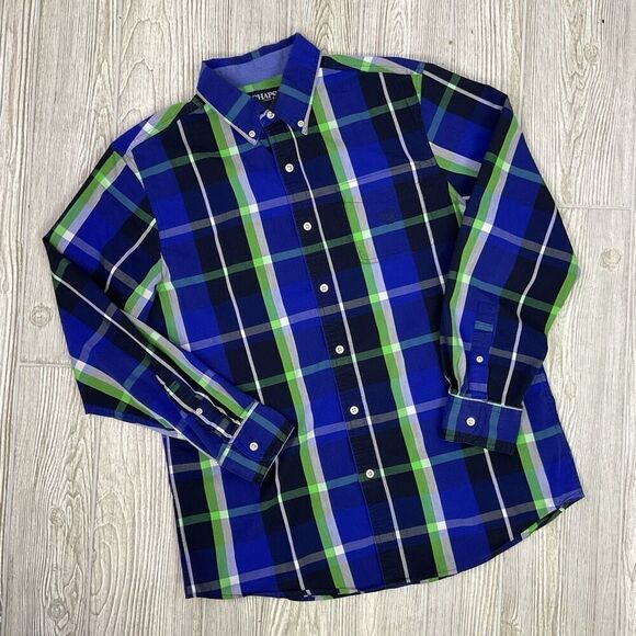 Chaps Stretch Easy Care Button Front Shirt Blue Green Plaid Size Medium - Picture 1 of 7